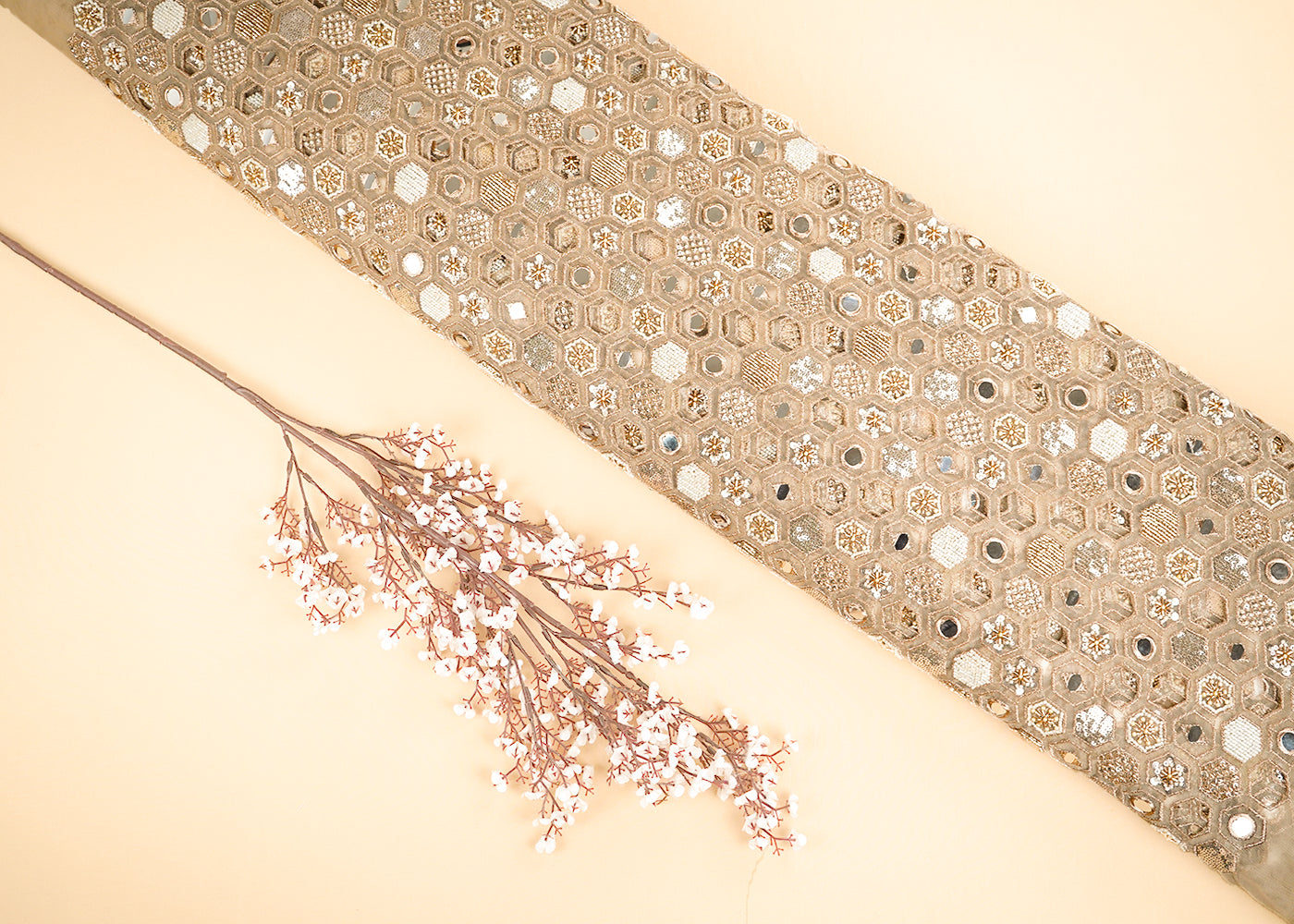 Golden Imported Net Fabric With Allover Zari, Sequins, Katdana, Faux Mirror And Cut Work 22394