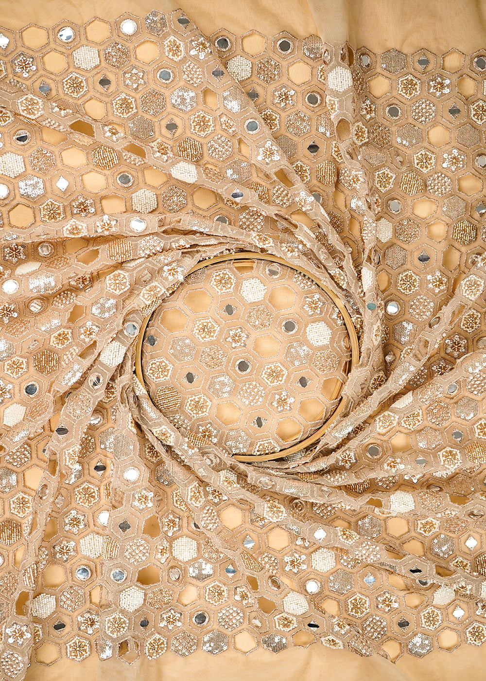 Golden Imported Net Fabric With Allover Zari, Sequins, Katdana, Faux Mirror And Cut Work 22394