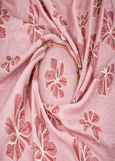Baby Pink Cotton Linen Fabric With All Over Floral Dori And Thread Work 22398
