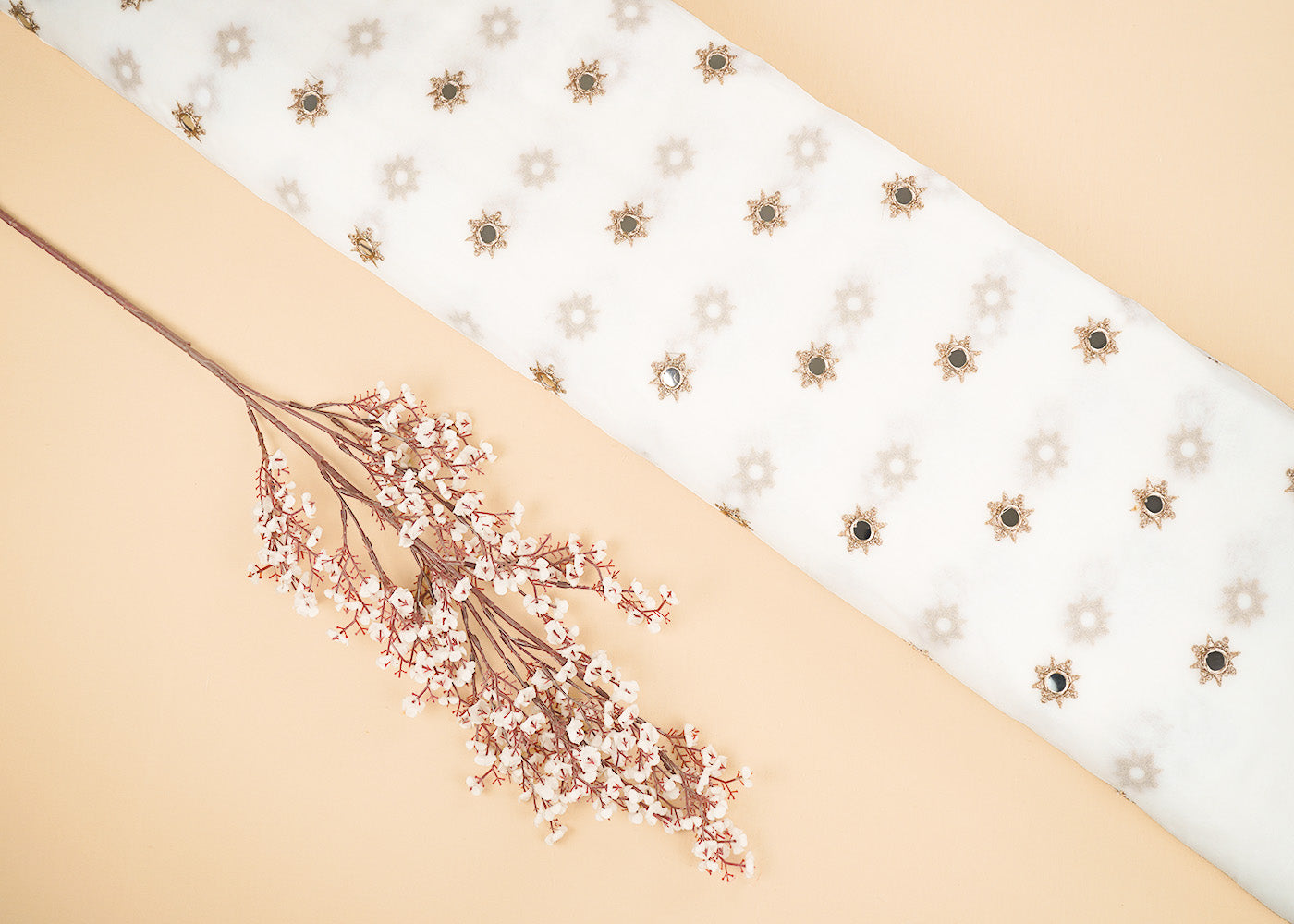 White-Georgette-Fabric-With-All-Over-Buti-Of-Golden-Zari-And-Faux-Mirror-Work-22409