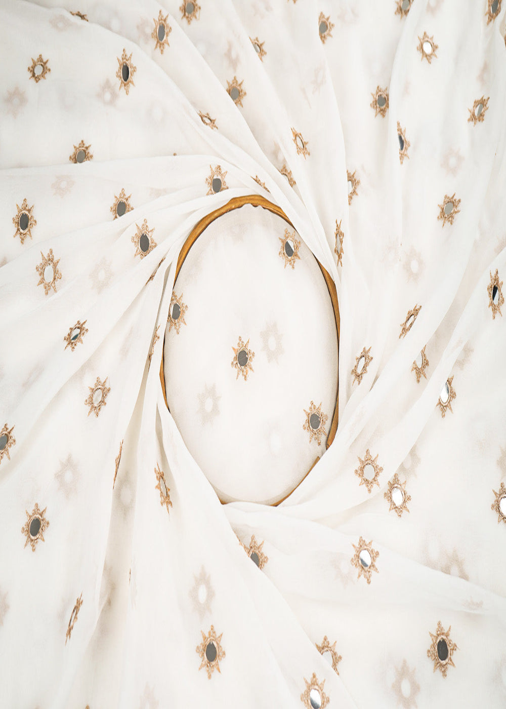 White-Georgette-Fabric-With-All-Over-Buti-Of-Golden-Zari-And-Faux-Mirror-Work-22409-close-view
