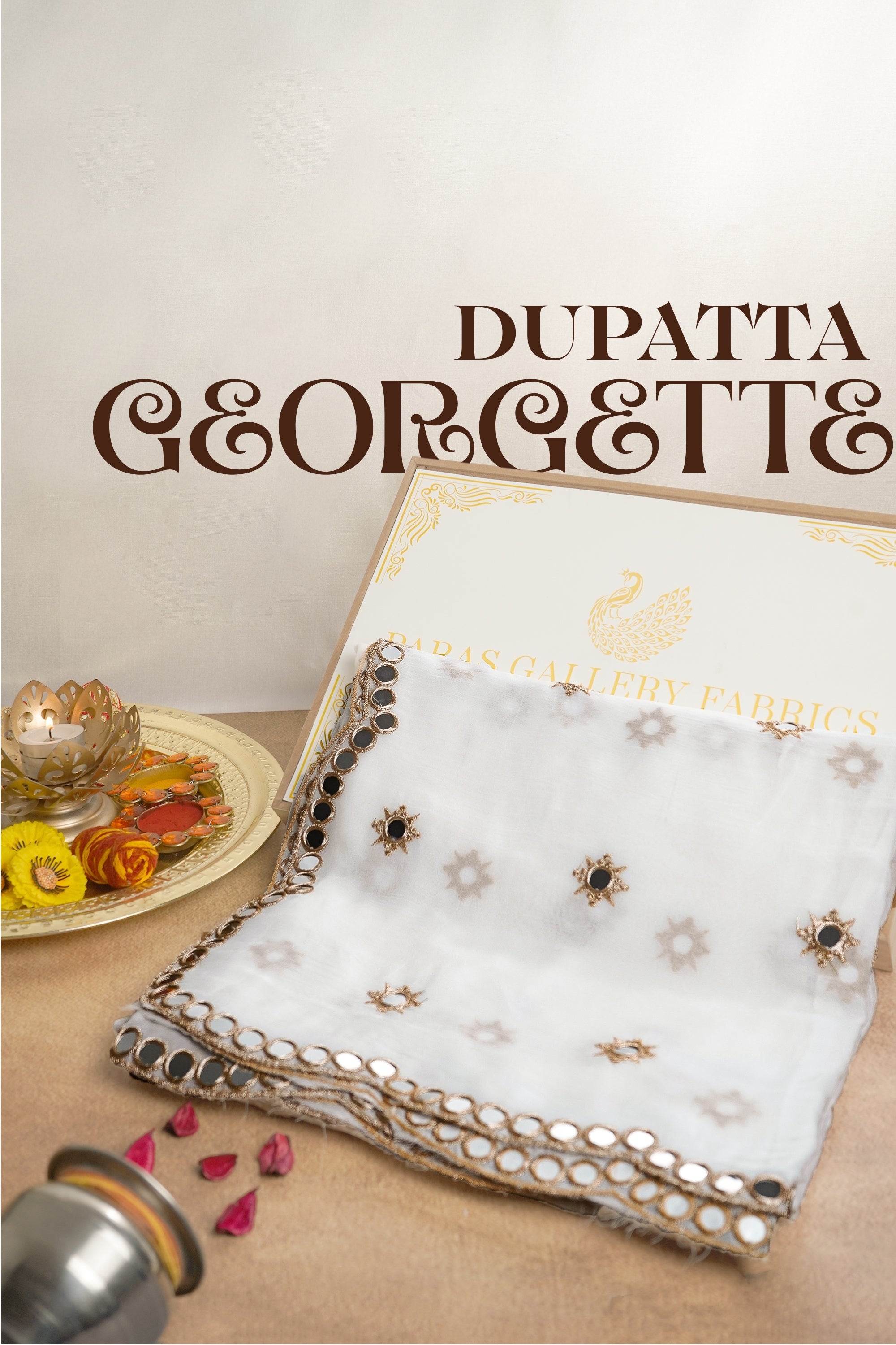 White Dyeable Georgette Dupatta With All Over Zari And Faux Mirror Work 22410