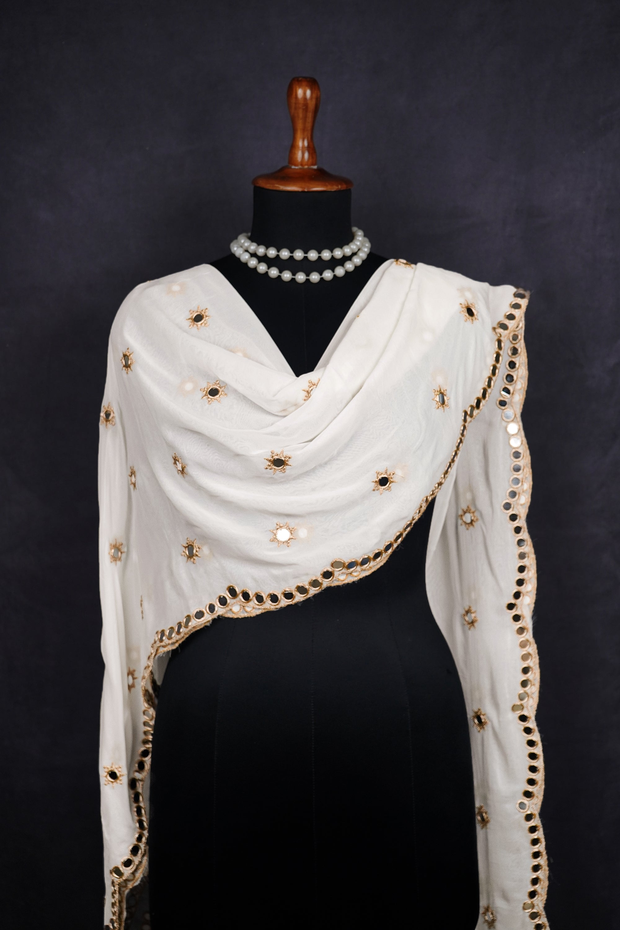 White Dyeable Georgette Dupatta With All Over Zari And Faux Mirror Work 22410