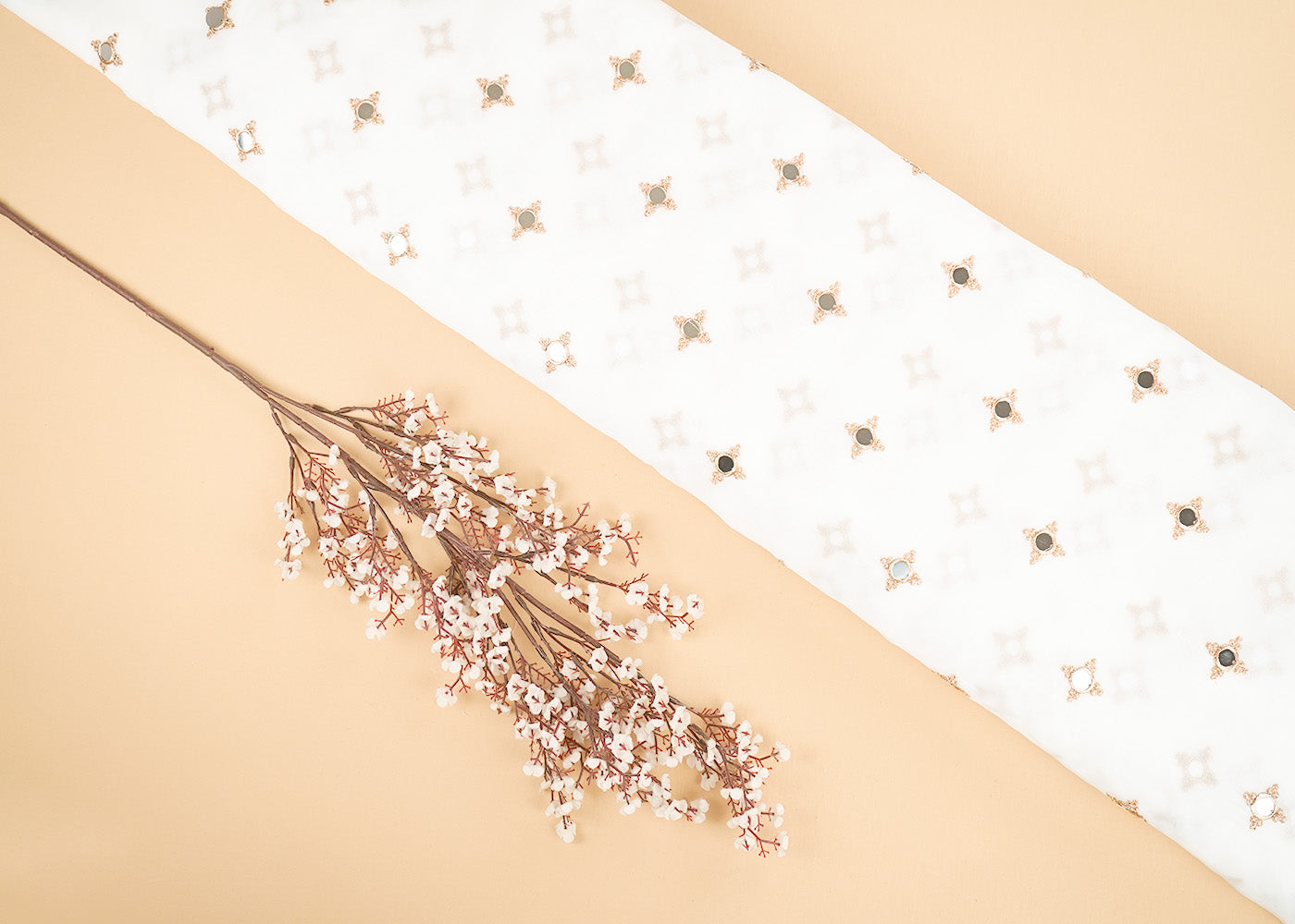 White-Georgette-Fabric-With-All-Over-Buti-Of-Golden-Zari-And-Faux-Mirror-Work-22413