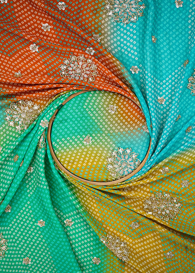 Multi-Color Chinon Chiffon Fabric With All Over Bandhani Print, Bead, Sequins And Katdana Work 22418