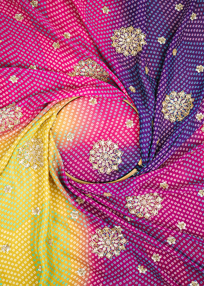 Multi-Color Chinon Chiffon Fabric With All Over Bandhani Print, Bead, Sequins And Katdana Work 22420