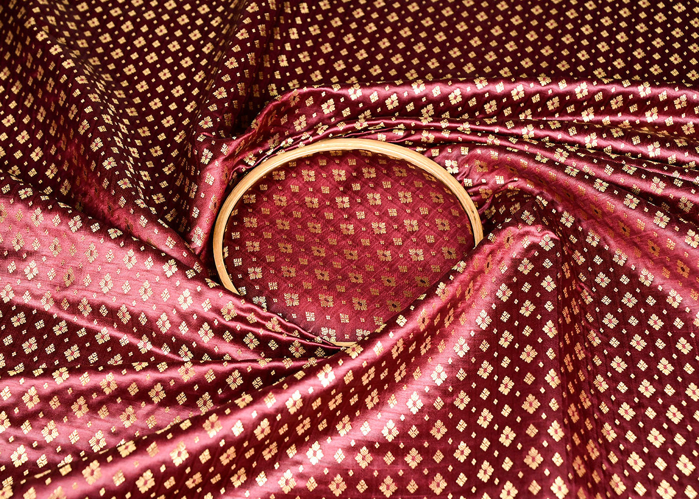 Maroon Banarasi Brocade Fabric With All Over Golden Zari Handloom 22438