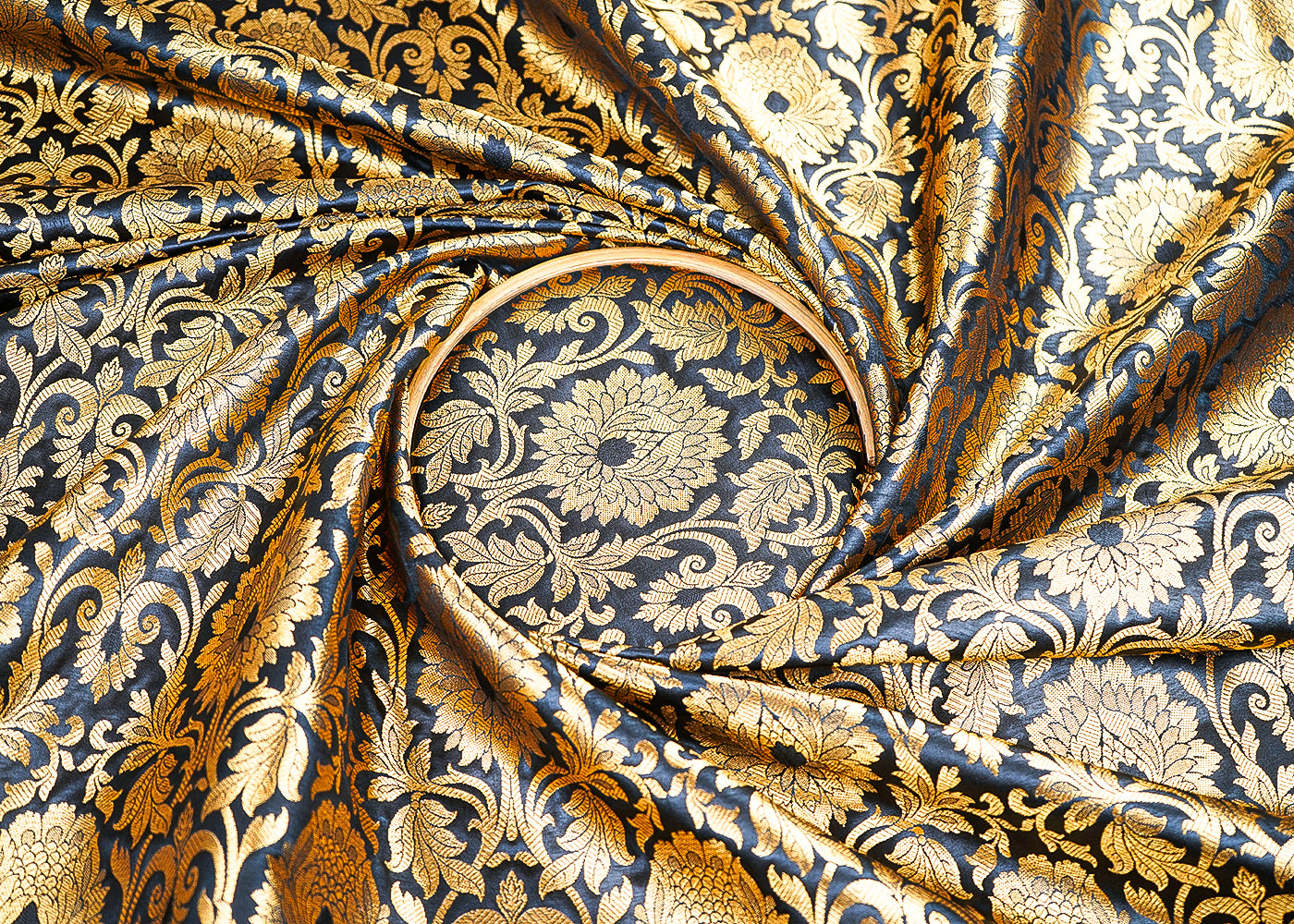 Black Banarasi Brocade Fabric With All Over Golden Zari Handloom 22444