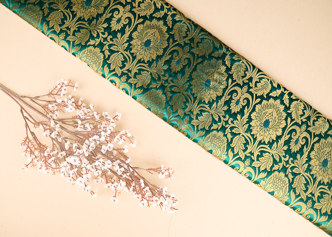 Teal-Blue-Banarasi-Brocade-Fabric-With-All-Over-Golden-Zari-Handloom-22447