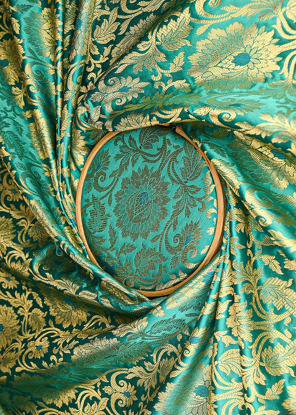Teal-Blue-Banarasi-Brocade-Fabric-With-All-Over-Golden-Zari-Handloom-22447-close-view