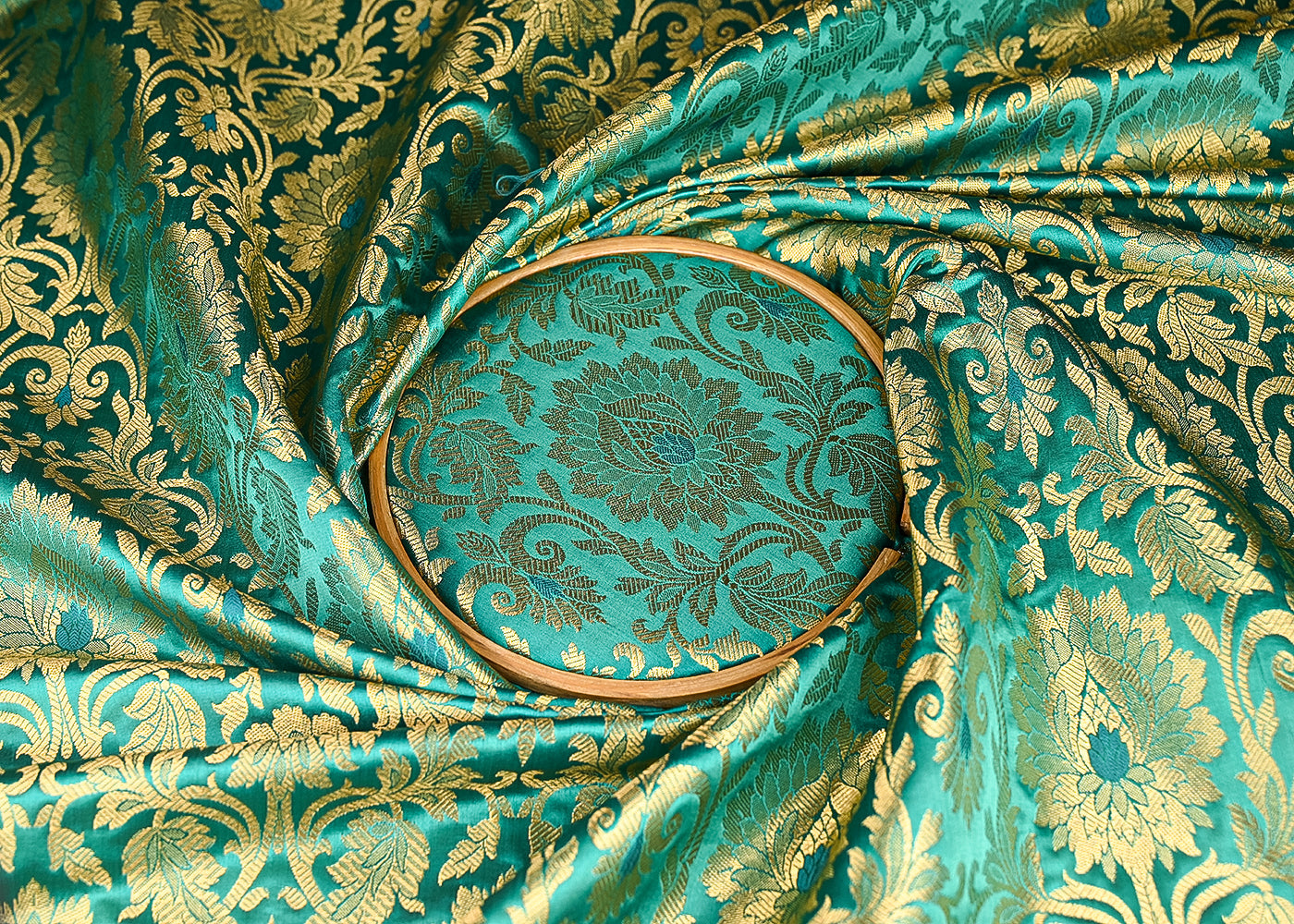 Teal-Blue-Banarasi-Brocade-Fabric-With-All-Over-Golden-Zari-Handloom-22447-close-view