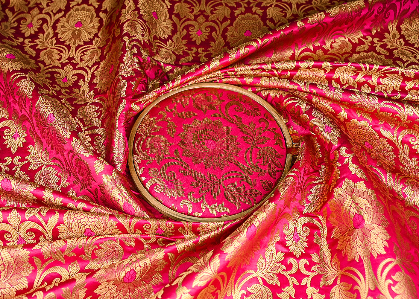 Rani-Pink-Banarasi-Brocade-Fabric-With-All-Over-Golden-Zari-Handloom-22449-close-view