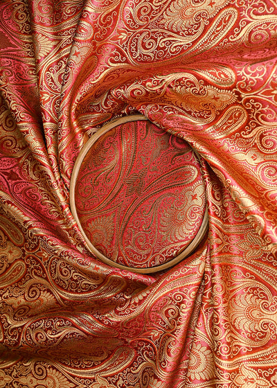Wine Banarasi Brocade Fabric With All Over Golden Zari Handloom 22455