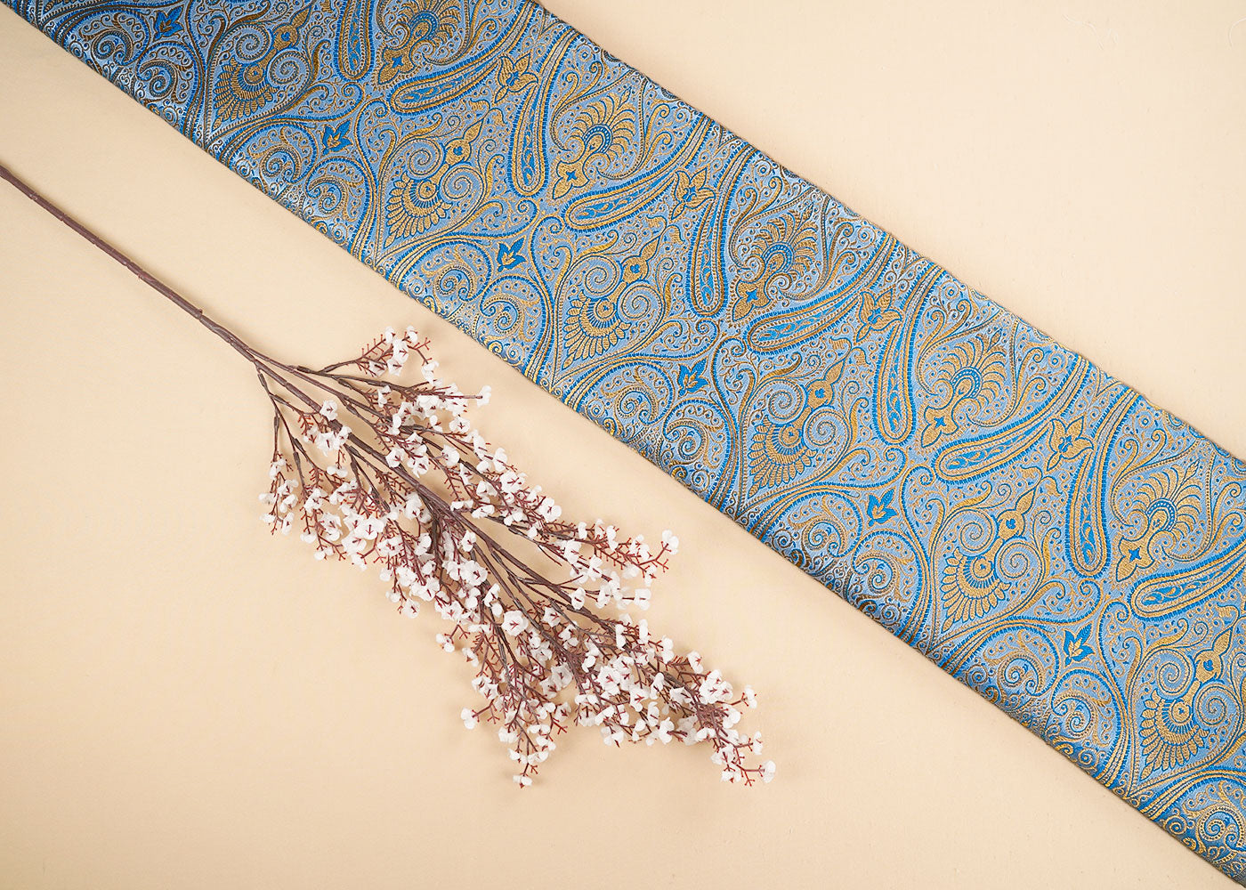 Blue-Banarasi-Brocade-Fabric-With-Allover-Golden-Zari-Handloom-22463