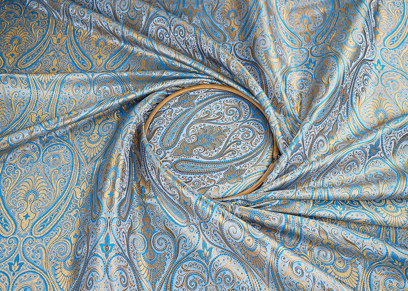 Blue-Banarasi-Brocade-Fabric-With-Allover-Golden-Zari-Handloom-22463-close-view