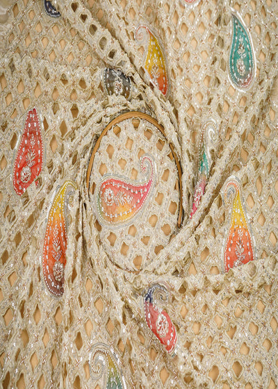 Golden Imported Tissue Fabric With All Over Sequins, Katdana, Bead, Patch And Cutwork 22476