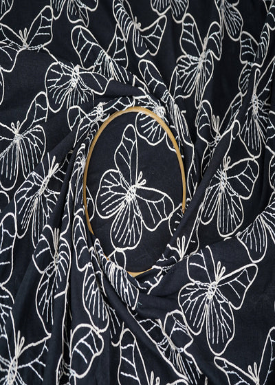 Black Cotton Fabric With All Over Butterfly Motif Of Dori And Thread Work 22479