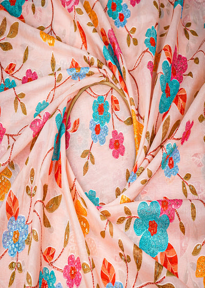 Peach Muslin Fabric With All Over Sequins And Thread Work 22484