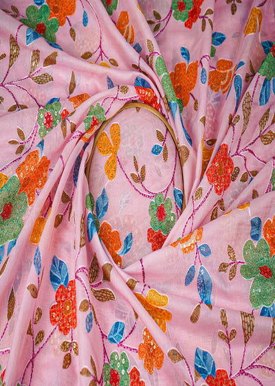 Pink Muslin Fabric With All Over Sequins And Thread Work 22485