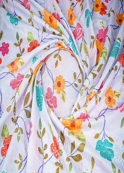 Blue Muslin Fabric With All Over Sequins And Thread Work 22486