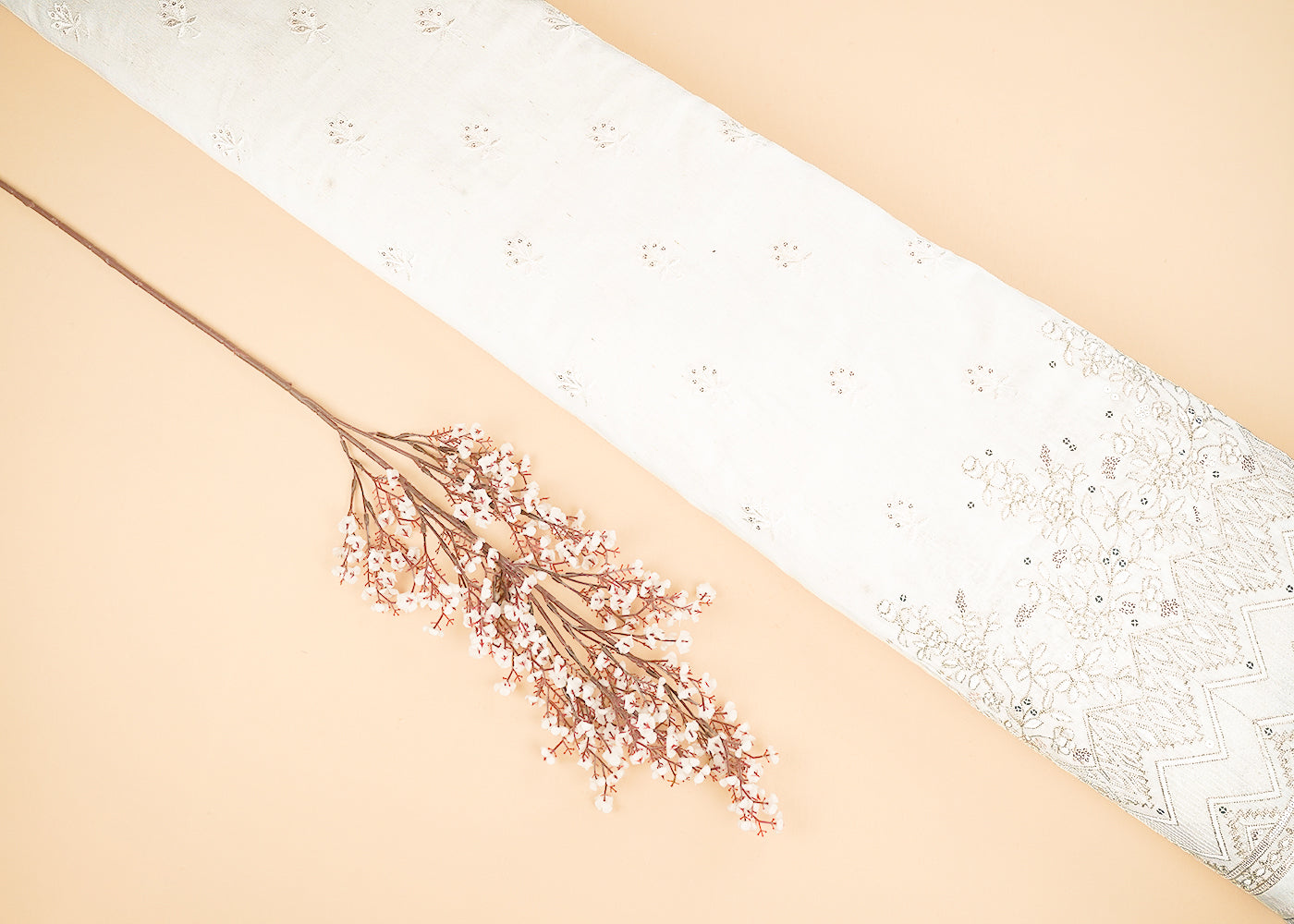 White Dyeable Linen Silk Fabric With Allover Zari, Sequins, Thread And Faux Mirror Work With One Side Border 22506