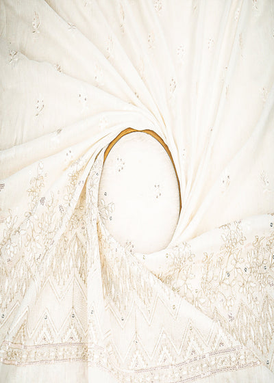 White Dyeable Linen Silk Fabric With All Over Zari, Sequins, Thread And Faux Mirror Work With One Side Border 22506