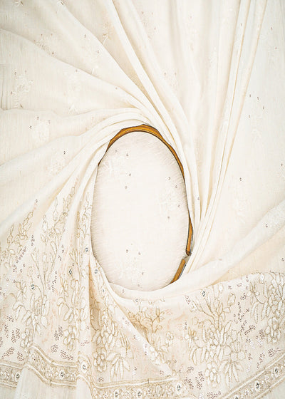 White Dyeable Linen Silk Fabric With All Over Zari, Sequins, Thread And Faux Mirror Work With One Side Border 22507
