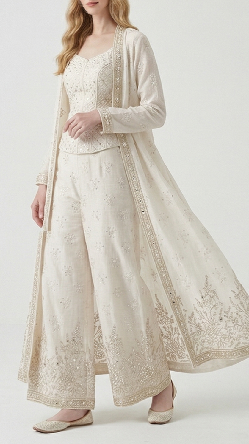 White Dyeable Linen Silk Fabric With All Over Zari, Sequins, Thread And Faux Mirror Work With One Side Border 22507