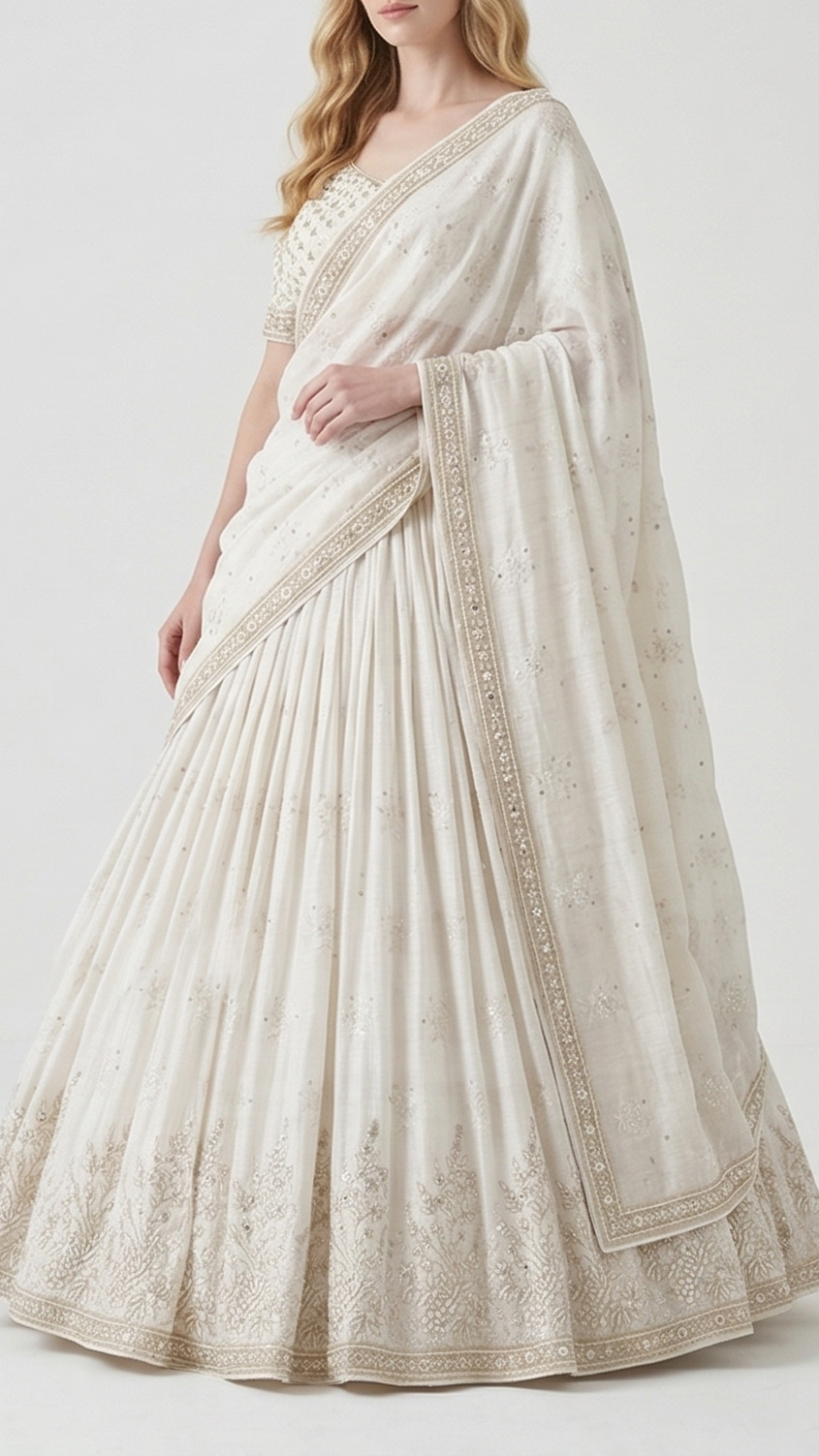 White Dyeable Linen Silk Fabric With All Over Zari, Sequins, Thread And Faux Mirror Work With One Side Border 22507