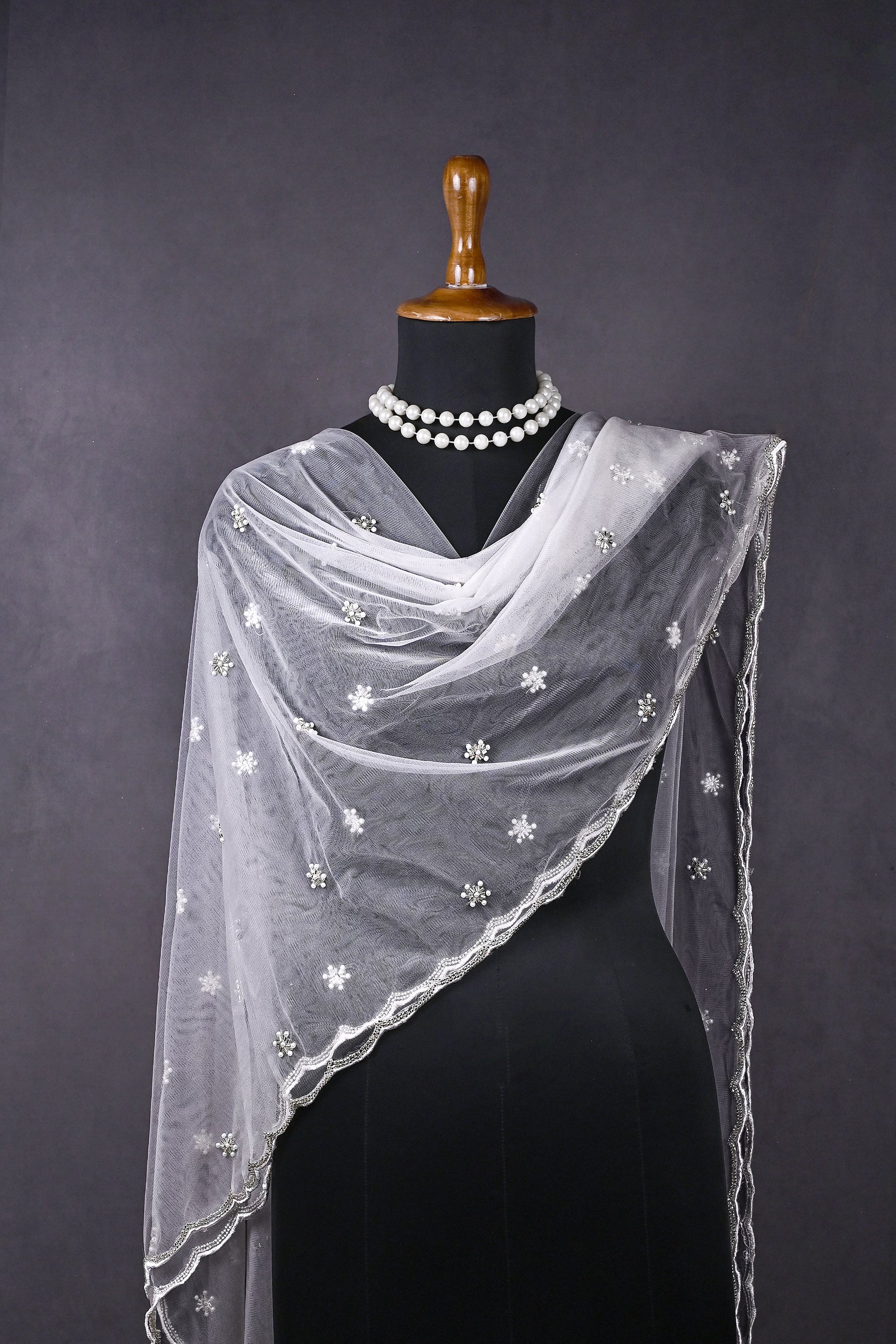 White Dyeable Net Dupatta All Over Katdana And Bead Work 22513