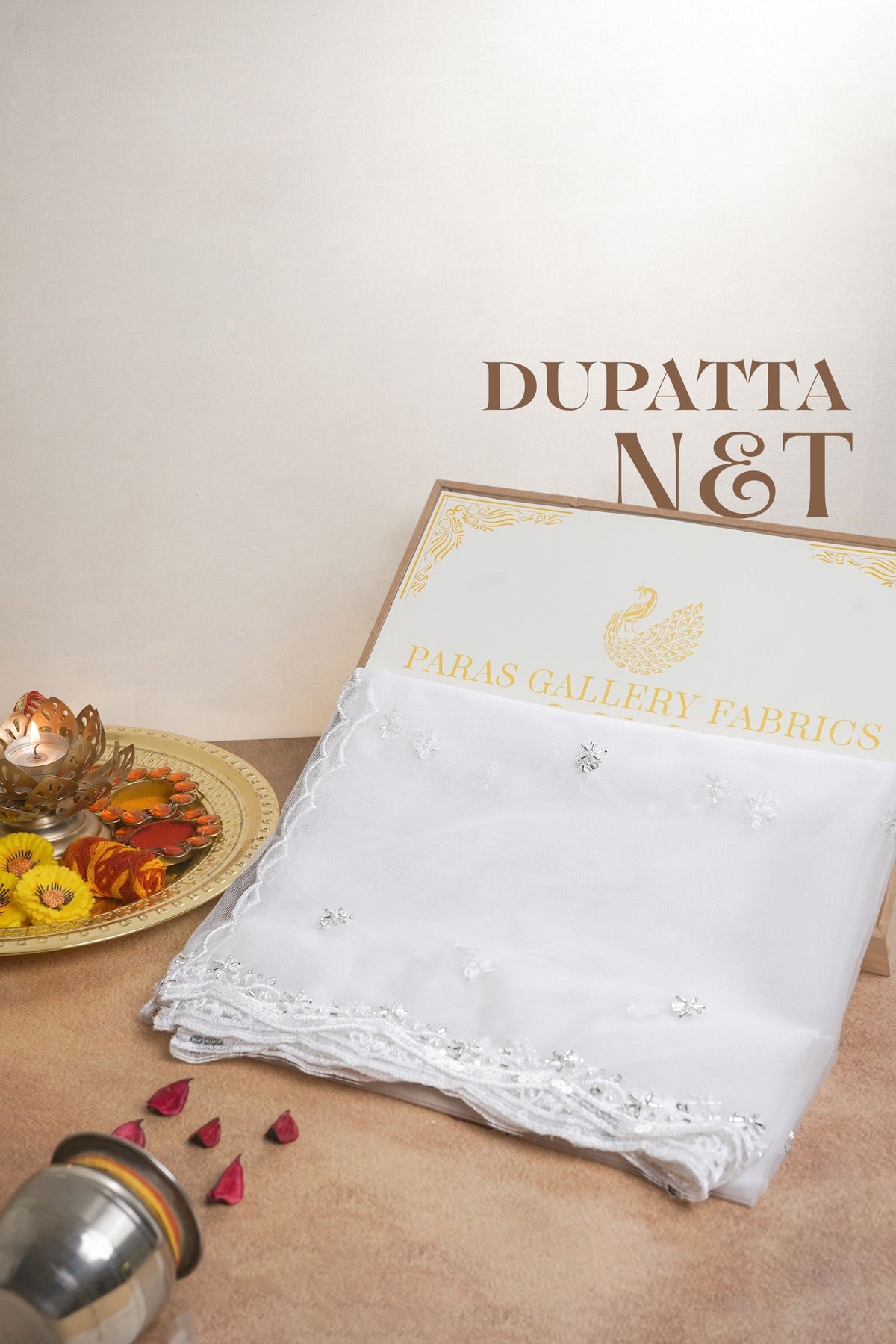 White Dyeable Net Dupatta All Over Thread, Zari, Sequins And Katdana Work 22514