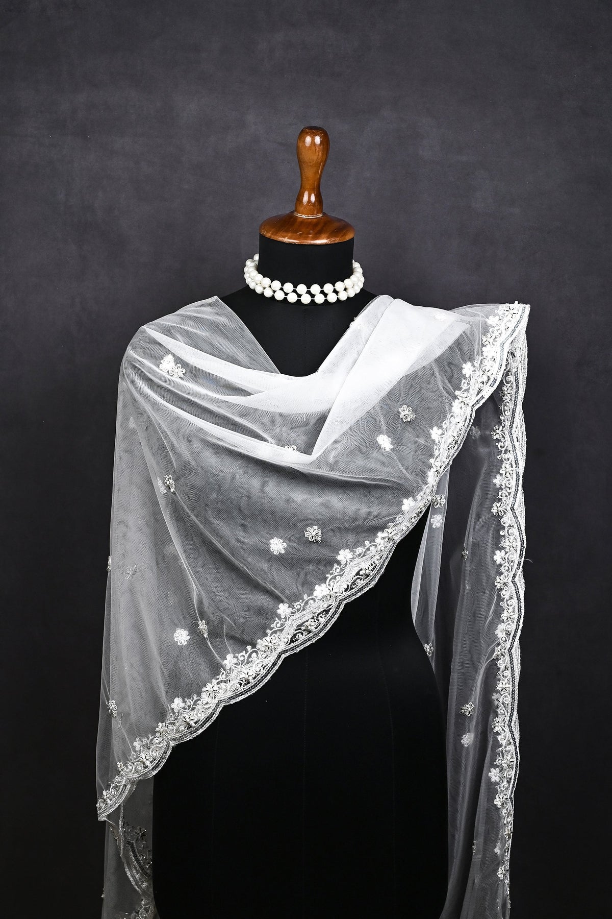 White Dyeable Net Dupatta All Over Thread, Zari, Sequins And Katdana Work 22514