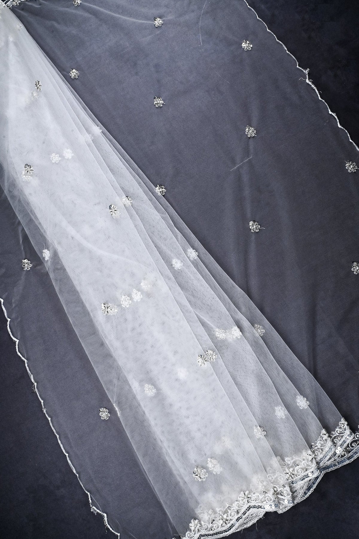 White Dyeable Net Dupatta All Over Thread, Zari, Sequins And Katdana Work 22514