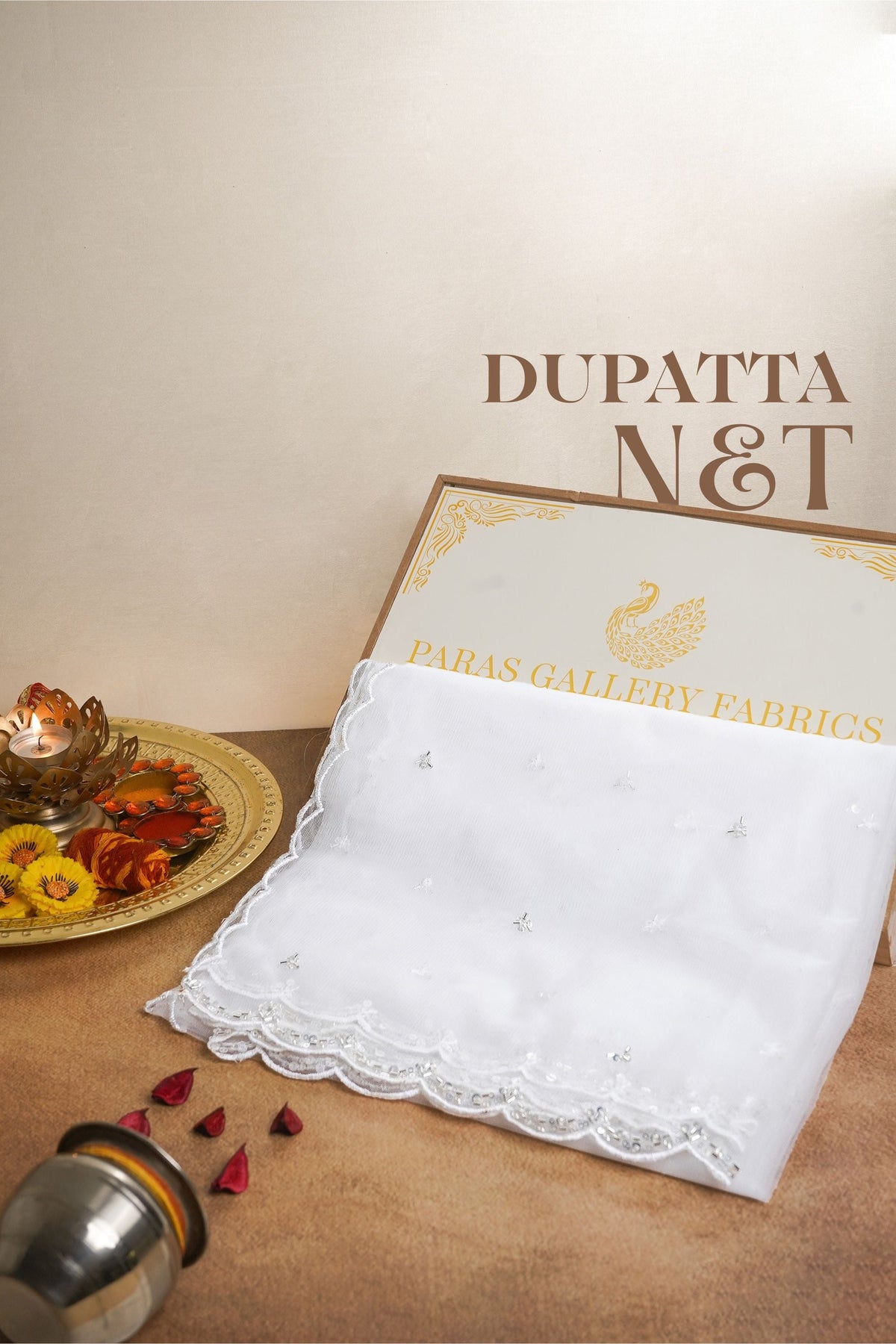 White Dyeable Net Dupatta All Over Sequins And Katdana Work 22515