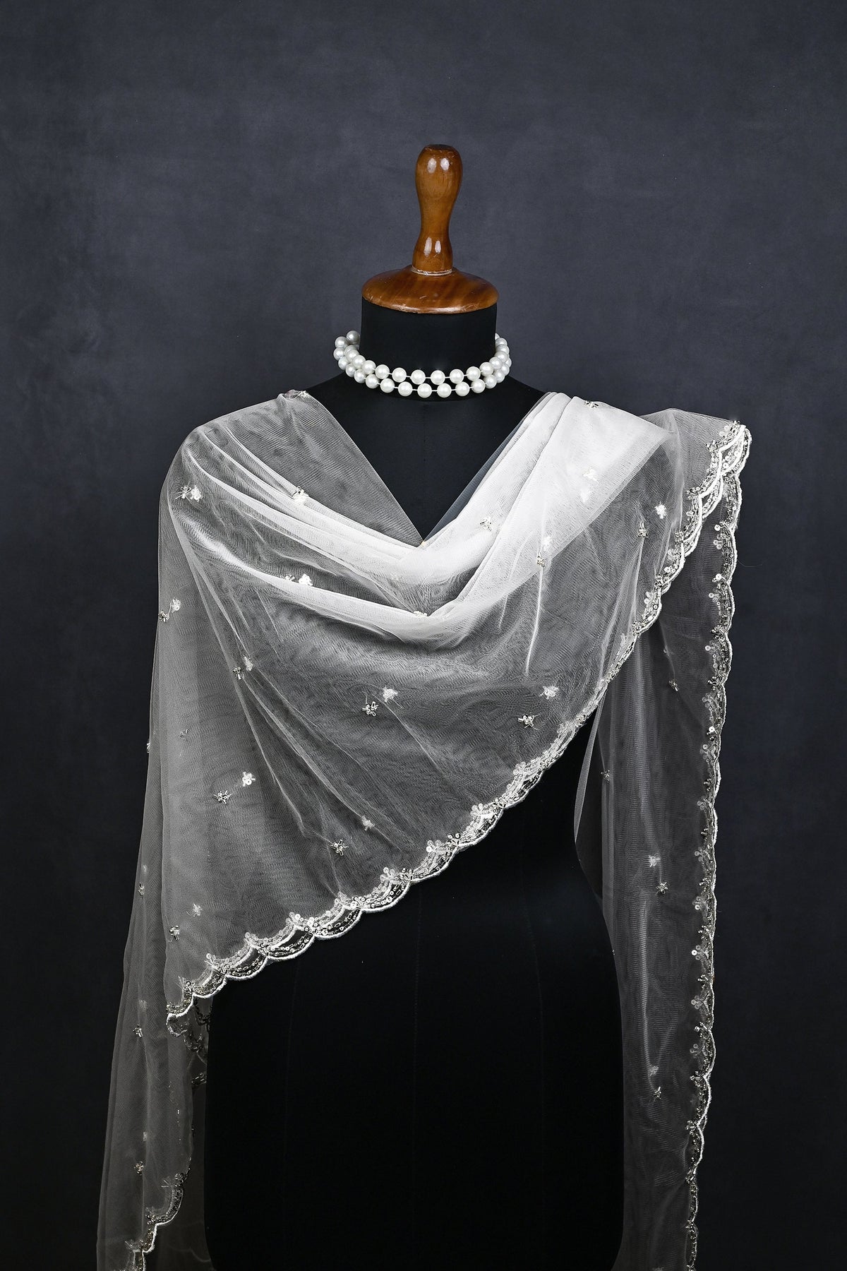 White Dyeable Net Dupatta All Over Sequins And Katdana Work 22515