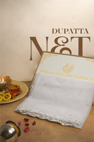 White Net Dupatta With All Over Bead And Sequins Work With Scalloped Borders 22517
