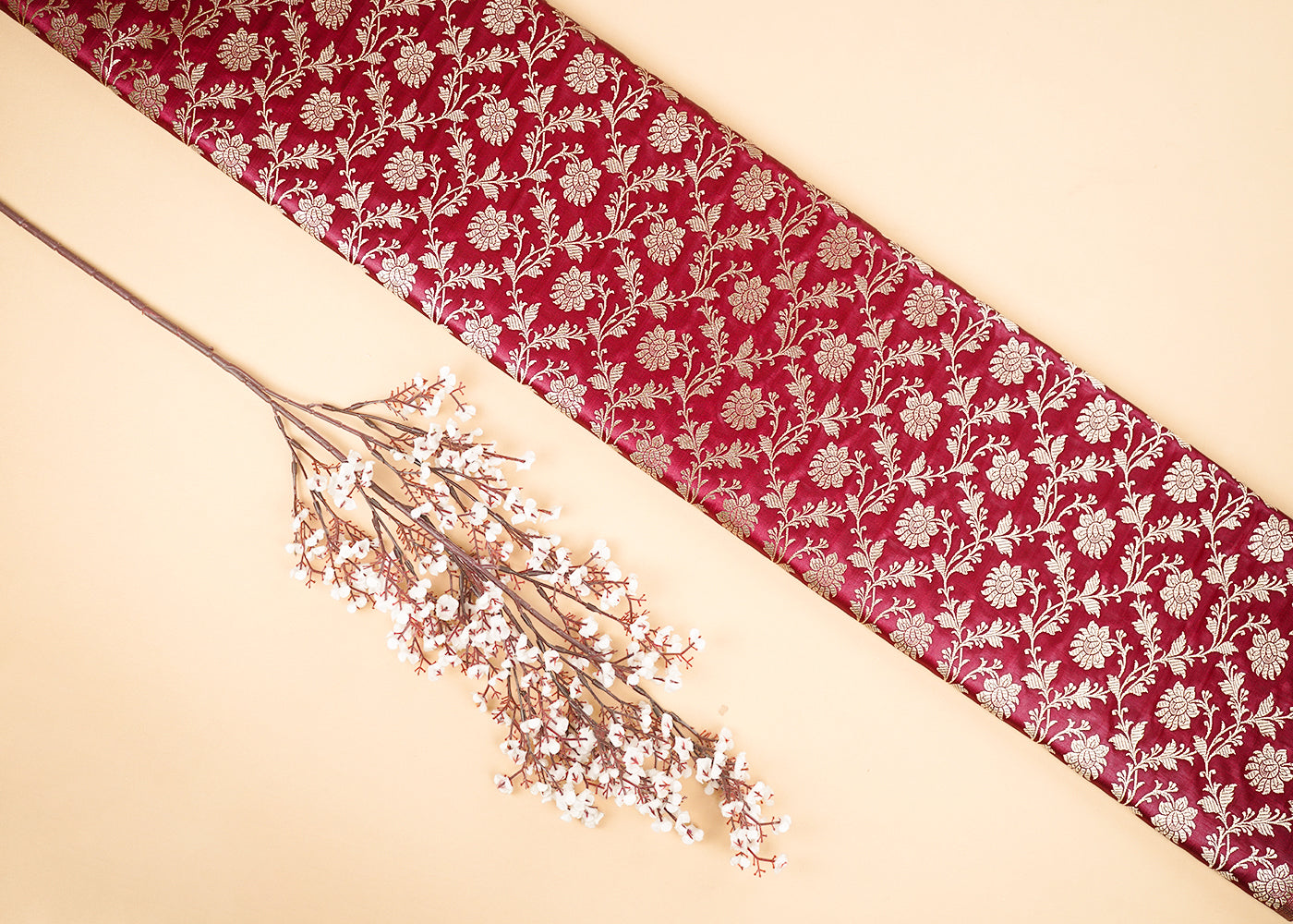 Maroon Banarasi Brocade Fabric With All Over Golden Zari Handloom 22544
