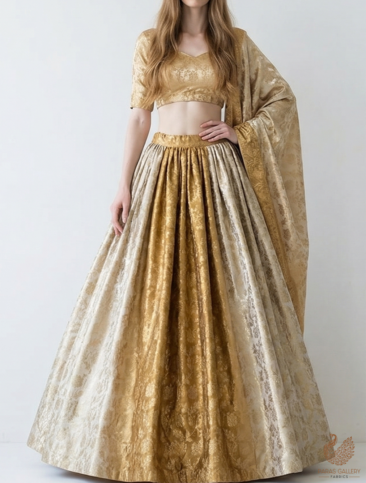 Golden Banarasi Brocade Fabric With All Over Golden Zari Handloom 22545