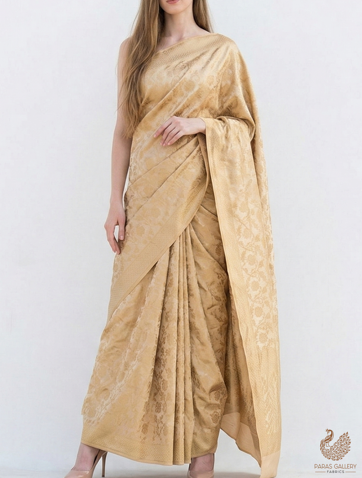 Golden Banarasi Brocade Fabric With All Over Golden Zari Handloom 22545