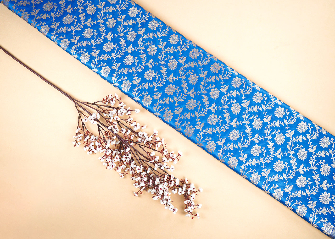 Blue Banarasi Brocade Fabric With All Over Golden Zari Handloom 22547