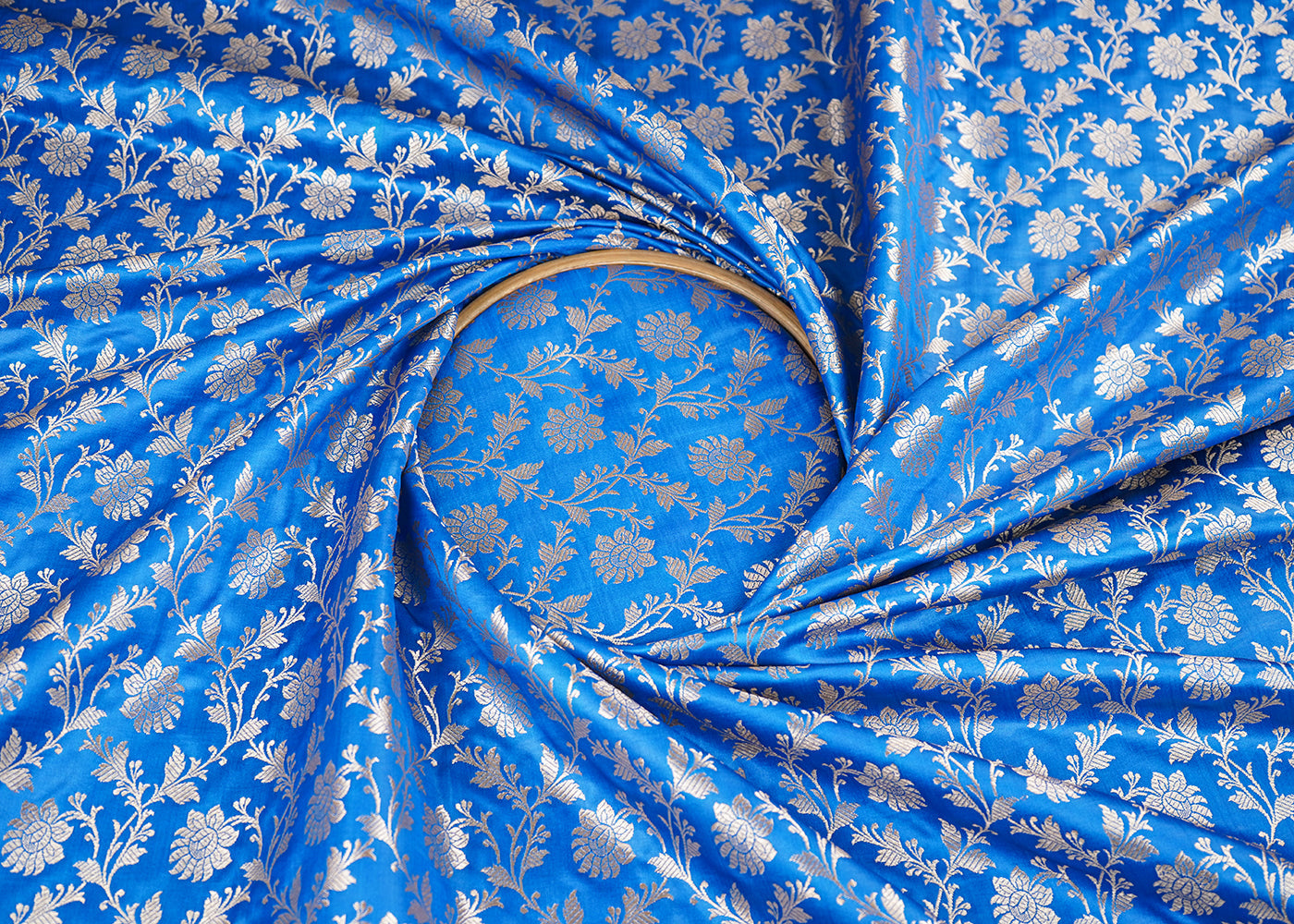 Blue Banarasi Brocade Fabric With All Over Golden Zari Handloom 22547