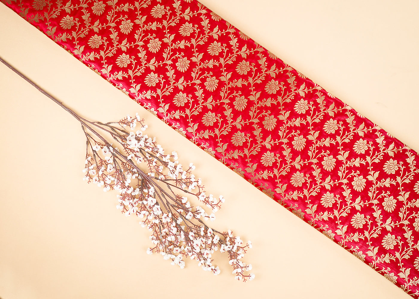 Red Banarasi Brocade Fabric With All Over Golden Zari Handloom 22548