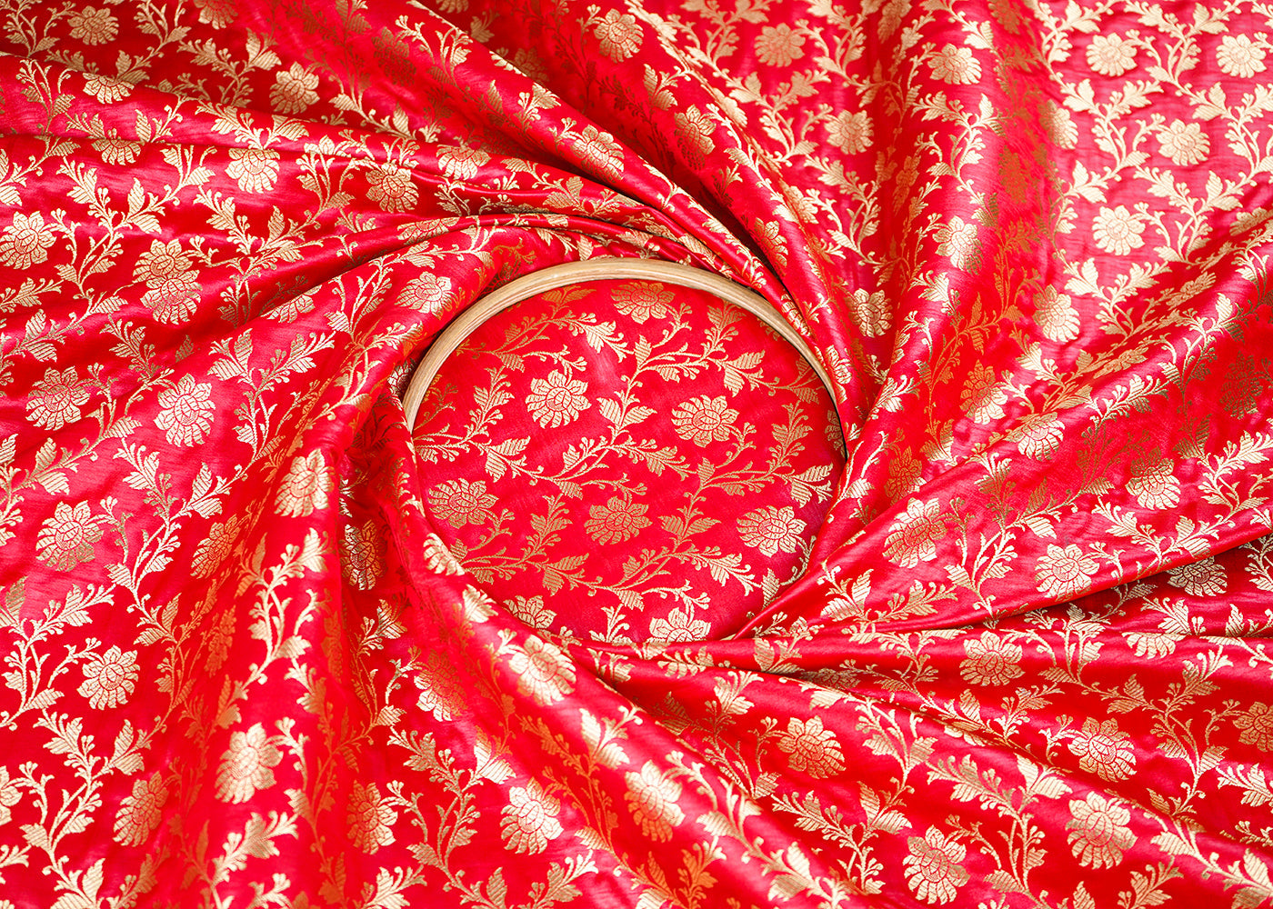 Red Banarasi Brocade Fabric With All Over Golden Zari Handloom 22548