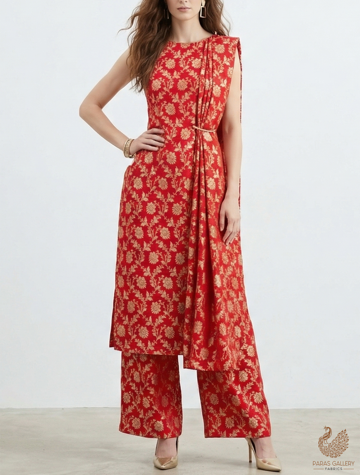 Red Banarasi Brocade Fabric With All Over Golden Zari Handloom 22548