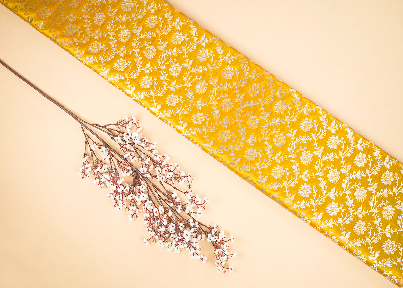 Mustard Banarasi Brocade Fabric With All Over Golden Zari Handloom 22549