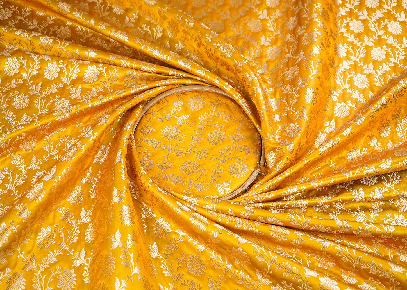 Mustard Banarasi Brocade Fabric With All Over Golden Zari Handloom 22549