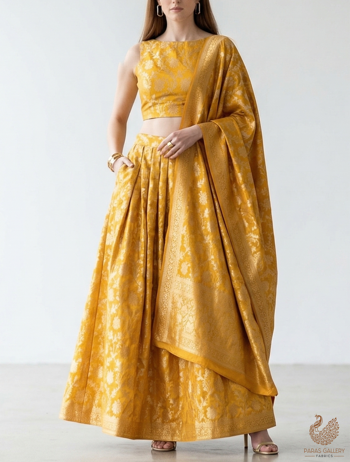 Mustard Banarasi Brocade Fabric With All Over Golden Zari Handloom 22549