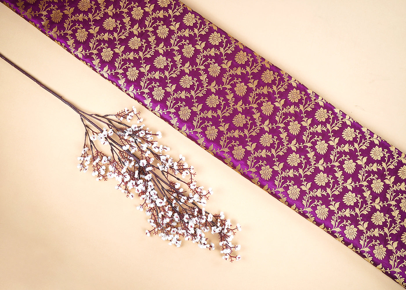 Purple Banarasi Brocade Fabric With All Over Golden Zari Handloom 22550