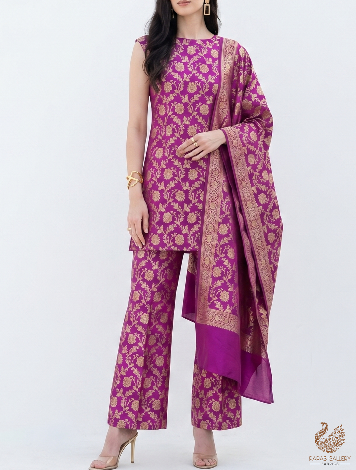 Purple Banarasi Brocade Fabric With All Over Golden Zari Handloom 22550