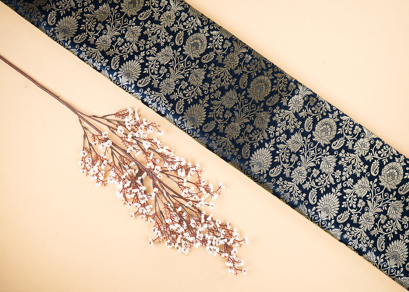 Navy Blue Banarasi Brocade Fabric With All Over Golden Zari Handloom 22551